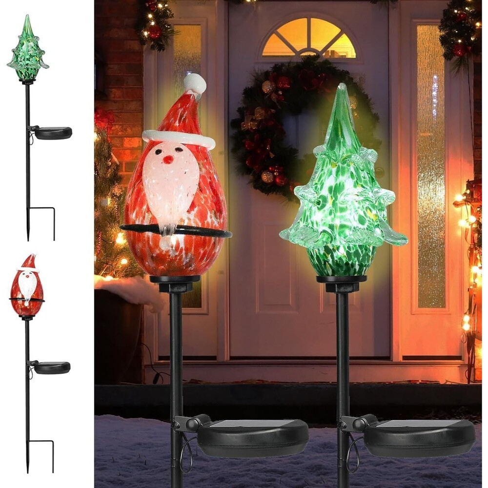 Solar Christmas Tree & Santa Garden Stakes 2‑Pack Outdoor LED Holiday Yard Decor